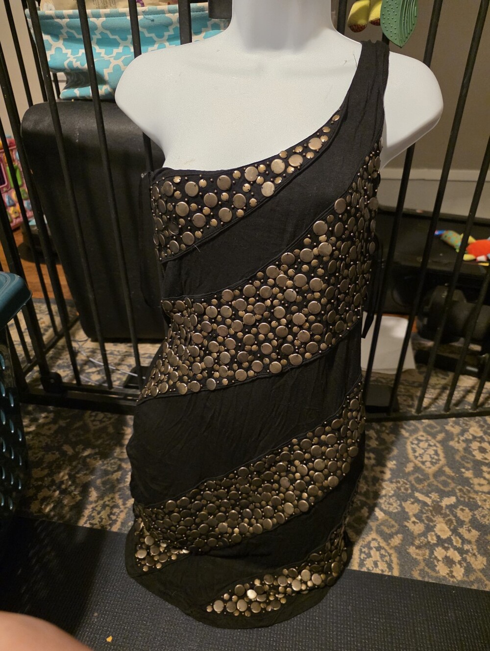 Andree One-Shoulder Black Dress with Gold Stud Detailing